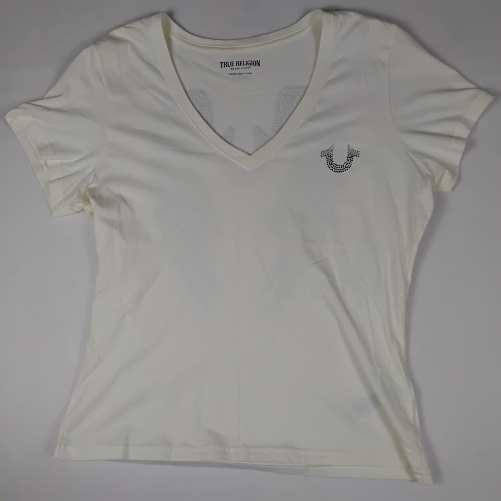 True Religion Women’s White V-Neck Short Sleeve Glitter Horseshoe Logo Tee, L